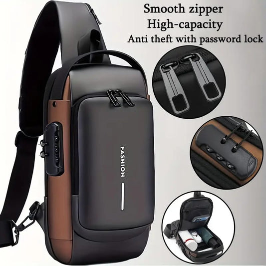 Waterproof Anti-Theft Nylon PU Men's Chest Bags with USB Multi-function Travel Messenger Cross Body Sling Chest Bag for Men